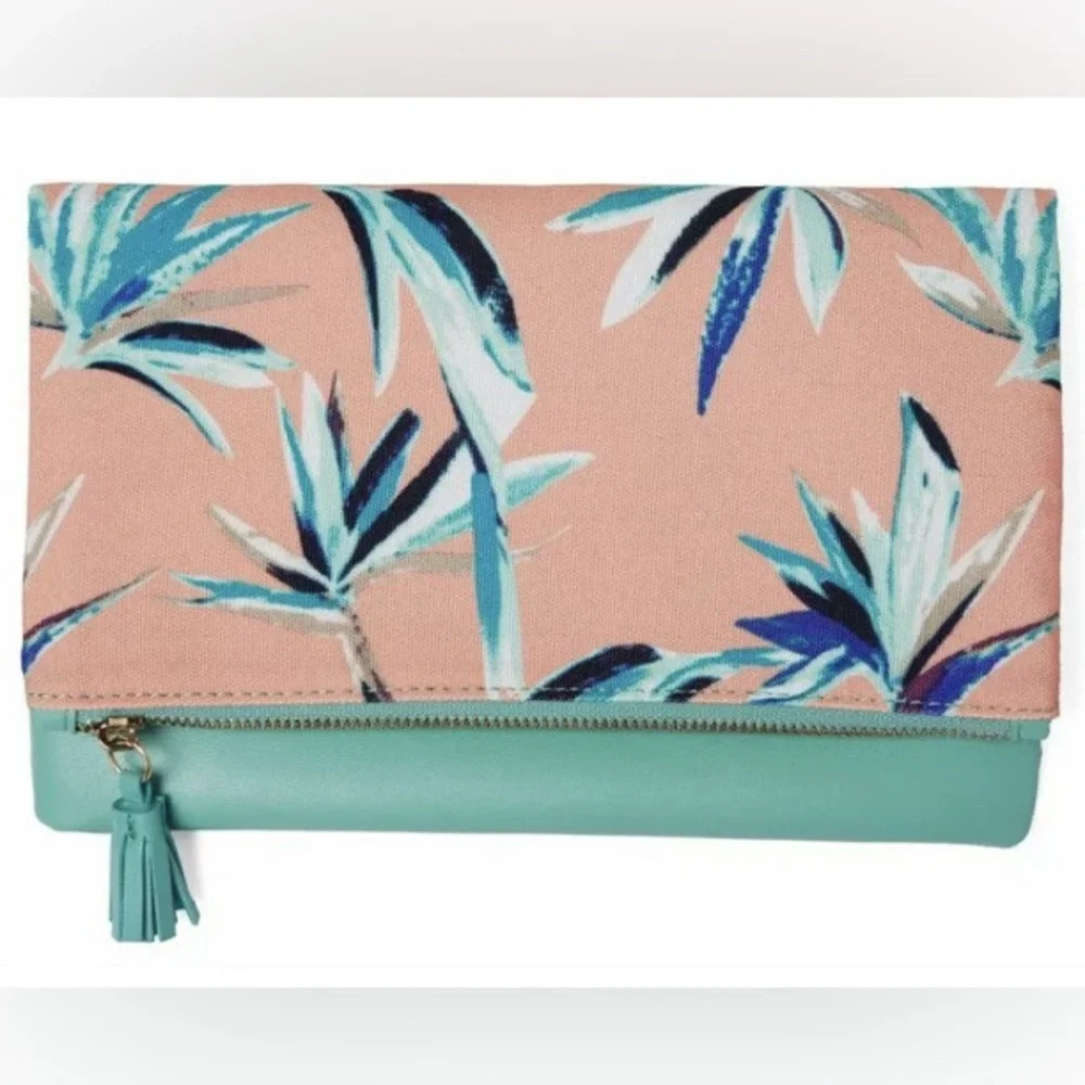 Rachel Pally Reversible Foldable Clutch Bag‎ Paradise Print 12X10 Aqua Pink NWOT